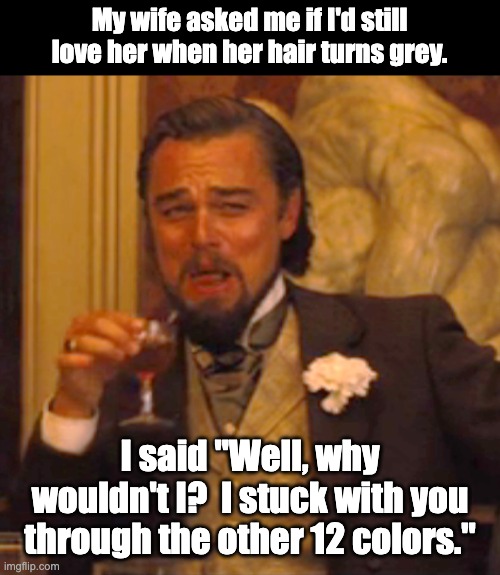 hair | My wife asked me if I'd still love her when her hair turns grey. I said "Well, why wouldn't I?  I stuck with you through the other 12 colors." | image tagged in memes,laughing leo | made w/ Imgflip meme maker