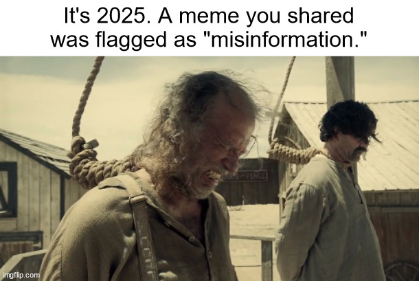 Misinformation | It's 2025. A meme you shared was flagged as "misinformation." | image tagged in ballad of buster scruggs gallows | made w/ Imgflip meme maker
