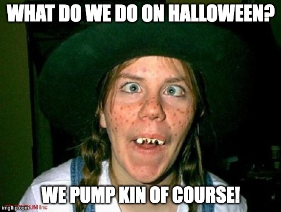 Halloween | WHAT DO WE DO ON HALLOWEEN? WE PUMP KIN OF COURSE! | image tagged in hillbilly love | made w/ Imgflip meme maker