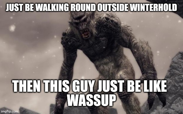 Whyyyy | JUST BE WALKING ROUND OUTSIDE WINTERHOLD; THEN THIS GUY JUST BE LIKE; WASSUP | image tagged in skyrim frost troll | made w/ Imgflip meme maker