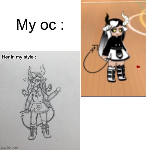 Can I see her in ur style? | My oc :; Her in my style : | image tagged in oc,drawing,my style,your style,why are you reading this | made w/ Imgflip meme maker