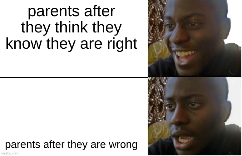 Disappointed Black Guy | parents after they think they know they are right; parents after they are wrong | image tagged in disappointed black guy | made w/ Imgflip meme maker
