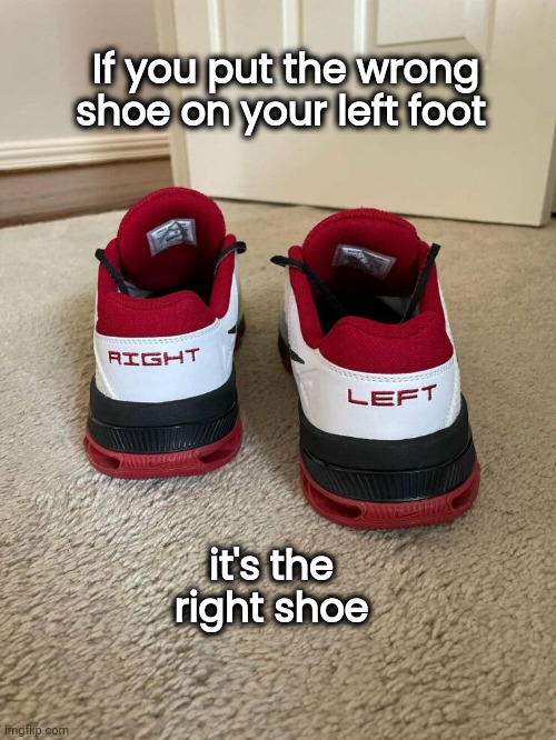 To confuse things |  If you put the wrong shoe on your left foot; it's the right shoe | image tagged in running shoes,feet,but why why would you do that,ha ha tags go brr | made w/ Imgflip meme maker