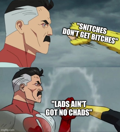 perfect comeback |  "SNITCHES DON'T GET BITCHES"; "LADS AIN'T GOT NO CHADS" | image tagged in omni man blocks punch | made w/ Imgflip meme maker