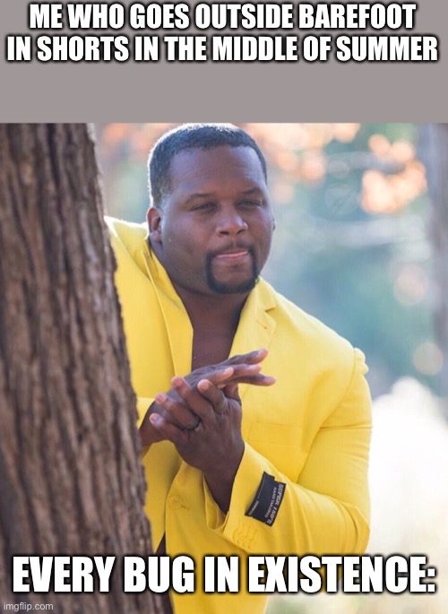 Why though | ME WHO GOES OUTSIDE BAREFOOT IN SHORTS IN THE MIDDLE OF SUMMER; EVERY BUG IN EXISTENCE: | image tagged in black guy hiding behind tree | made w/ Imgflip meme maker