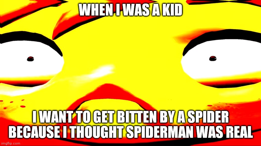 Yeah kids are stupid | WHEN I WAS A KID; I WANT TO GET BITTEN BY A SPIDER BECAUSE I THOUGHT SPIDERMAN WAS REAL | image tagged in very unhappy meggy | made w/ Imgflip meme maker