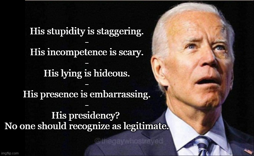 Even Democrats are starting to get it. | His stupidity is staggering.
-
His incompetence is scary.
-
His lying is hideous.
-
His presence is embarrassing.
-
His presidency? 
No one should recognize as legitimate. | image tagged in joe biden,incompetence,election fraud,creepy joe biden,inflation | made w/ Imgflip meme maker