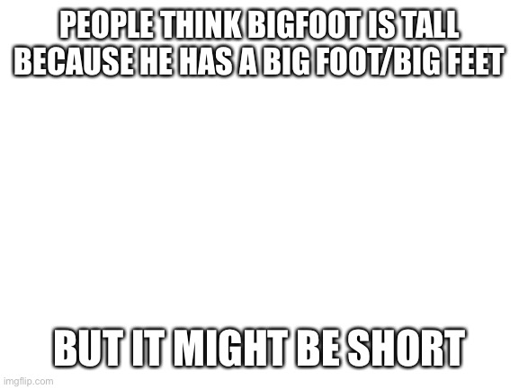 Blank White Template | PEOPLE THINK BIGFOOT IS TALL BECAUSE HE HAS A BIG FOOT/BIG FEET; BUT IT MIGHT BE SHORT | image tagged in blank white template,think bigfoot | made w/ Imgflip meme maker