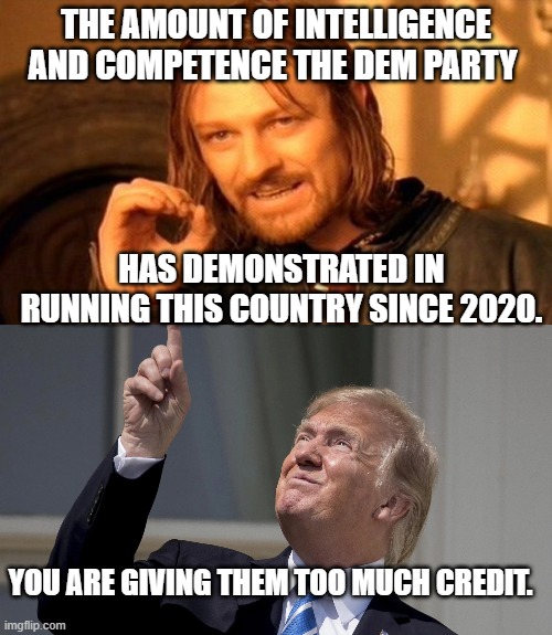 Be realistic.  It's in the negative numbers. | THE AMOUNT OF INTELLIGENCE AND COMPETENCE THE DEM PARTY; HAS DEMONSTRATED IN RUNNING THIS COUNTRY SINCE 2020. YOU ARE GIVING THEM TOO MUCH CREDIT. | image tagged in one does not simply | made w/ Imgflip meme maker