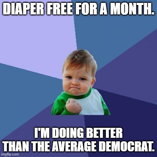 Success is success. | DIAPER FREE FOR A MONTH. I'M DOING BETTER THAN THE AVERAGE DEMOCRAT. | image tagged in success kid | made w/ Imgflip meme maker