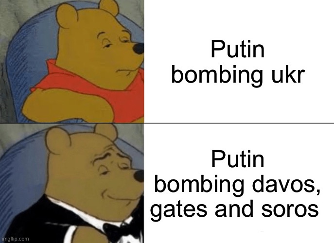 It’s a start | Putin bombing ukr; Putin bombing davos, gates and soros | image tagged in memes,tuxedo winnie the pooh | made w/ Imgflip meme maker