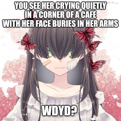 I really bored sooooooo rp :P rule in tags | YOU SEE HER CRYING QUIETLY IN A CORNER OF A CAFE WITH HER FACE BURIES IN HER ARMS; WDYD? | image tagged in no joke oc,no bambi oc,no killing her,romance allowed girl preferred,erp in memechat | made w/ Imgflip meme maker