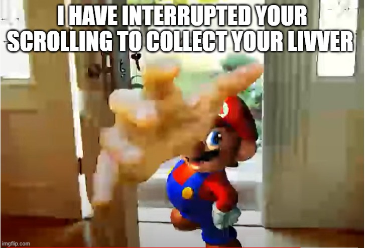 Mario Stealing Your Liver | I HAVE INTERRUPTED YOUR SCROLLING TO COLLECT YOUR LIVVER | image tagged in mario stealing your liver | made w/ Imgflip meme maker