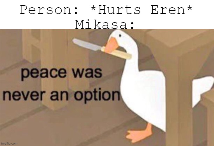 Untitled Goose Peace Was Never an Option | Person: *Hurts Eren*; Mikasa: | image tagged in untitled goose peace was never an option,peace was never an option | made w/ Imgflip meme maker