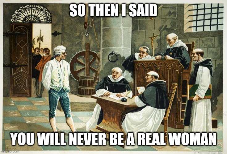 spanish inquisition | SO THEN I SAID; YOU WILL NEVER BE A REAL WOMAN | image tagged in spanish inquisition | made w/ Imgflip meme maker