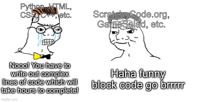 block code go brrrrr | Python, HTML, CSS, C++, etc. Scratch, Code.org, GameSalad, etc. Nooo! You have to write out complex lines of code which will take hours to complete! Haha funny block code go brrrrr | image tagged in nooo haha go brrr | made w/ Imgflip meme maker