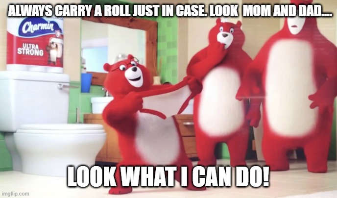 Charmin Bears | ALWAYS CARRY A ROLL JUST IN CASE. LOOK  MOM AND DAD.... LOOK WHAT I CAN DO! | image tagged in charmin bears | made w/ Imgflip meme maker