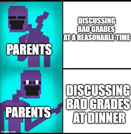 every parent in the world |  DISCUSSING BAD GRADES 
AT A REASONABLE TIME; PARENTS; DISCUSSING BAD GRADES
 AT DINNER; PARENTS | image tagged in drake hotline bling meme fnaf edition | made w/ Imgflip meme maker
