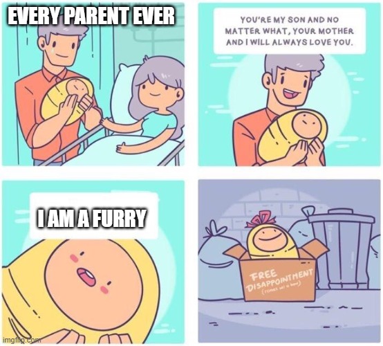 This is sad | EVERY PARENT EVER; I AM A FURRY | image tagged in free disappointment,furry,furries,disappointed | made w/ Imgflip meme maker