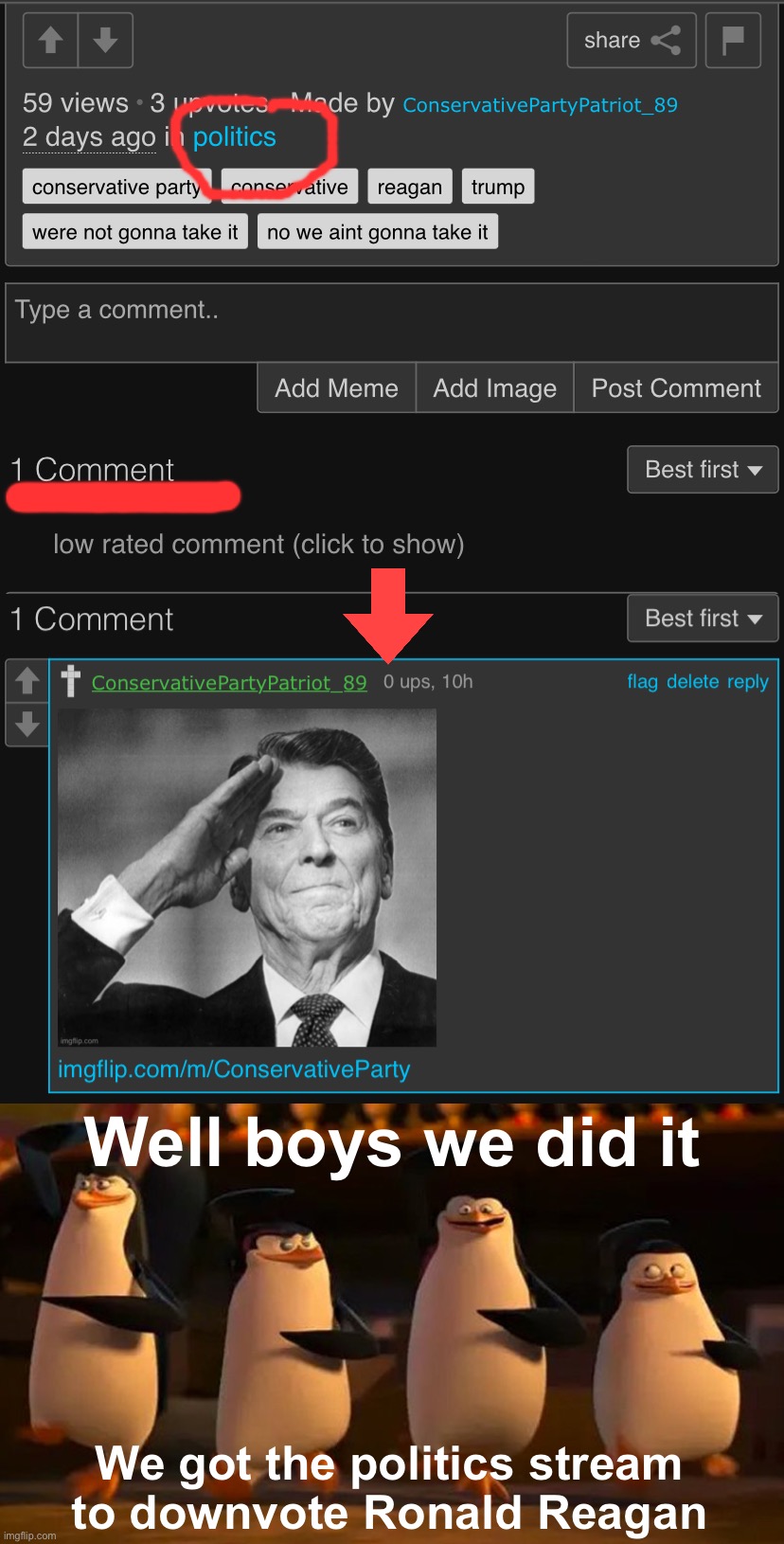 My mission to educate the Leftists of politics isn’t going well :( | Well boys we did it; We got the politics stream to downvote Ronald Reagan | image tagged in well boys we did it,mission,to,educate,leftists,failed | made w/ Imgflip meme maker
