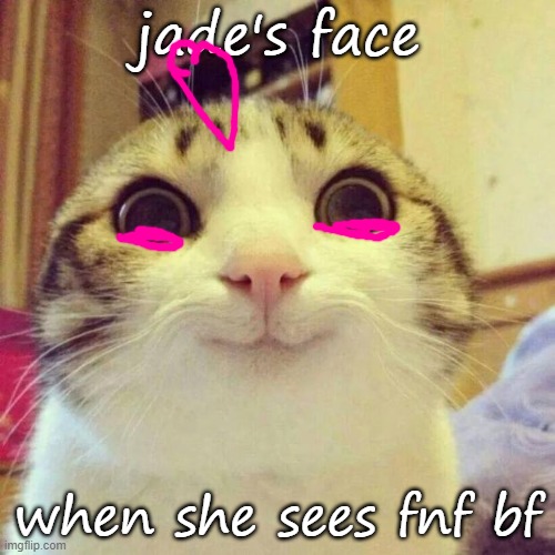 Smiling Cat | jade's face; when she sees fnf bf | image tagged in memes,smiling cat | made w/ Imgflip meme maker