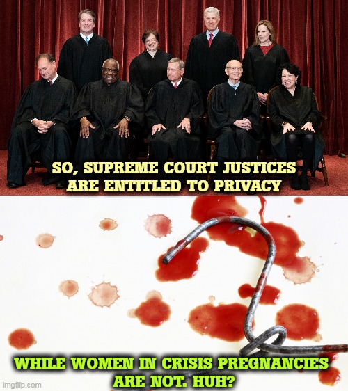 There are no bounds to right wing hypocrisy. | SO, SUPREME COURT JUSTICES ARE ENTITLED TO PRIVACY; WHILE WOMEN IN CRISIS PREGNANCIES 
ARE NOT. HUH? | image tagged in supreme court,privacy,women,crisis,pregnancy,dead | made w/ Imgflip meme maker