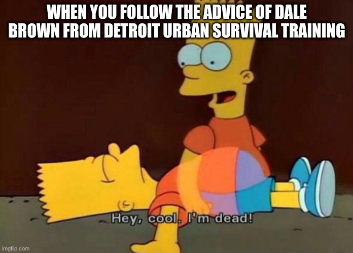 please don't listen to dale brown | WHEN YOU FOLLOW THE ADVICE OF DALE BROWN FROM DETROIT URBAN SURVIVAL TRAINING | image tagged in hey cool i'm dead | made w/ Imgflip meme maker