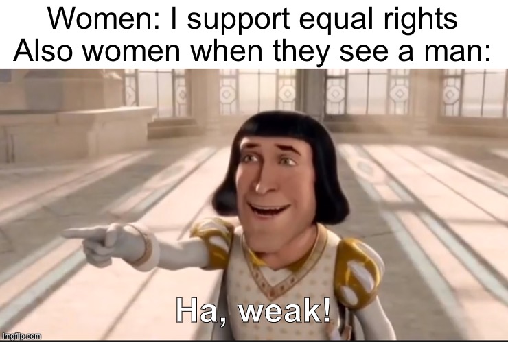 Which one? Sexism or equality? |  Women: I support equal rights
Also women when they see a man:; Ha, weak! | image tagged in the ogre has fallen in love with the princess | made w/ Imgflip meme maker
