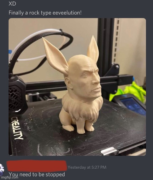 Discord has some strange conversations | image tagged in eevee,the rock,evolution,pokemon,3d printing,please stop | made w/ Imgflip meme maker