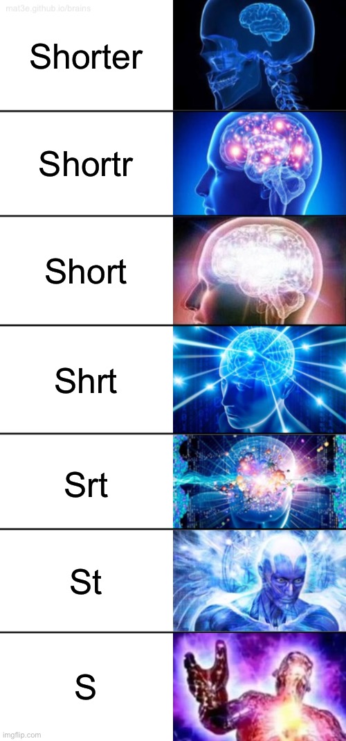 Yay a repost I THINK | Shorter; Shortr; Short; Shrt; Srt; St; S | image tagged in 7-tier expanding brain,why was that in caps,shorter,short,oh wow are you actually reading these tags,stop reading the tags | made w/ Imgflip meme maker
