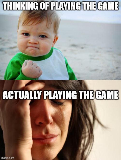 THINKING OF PLAYING THE GAME; ACTUALLY PLAYING THE GAME | image tagged in memes,success kid original,first world problems | made w/ Imgflip meme maker