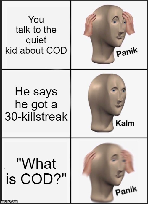 Based on a true story | You talk to the quiet kid about COD; He says he got a 30-killstreak; "What is COD?" | image tagged in memes,panik kalm panik | made w/ Imgflip meme maker