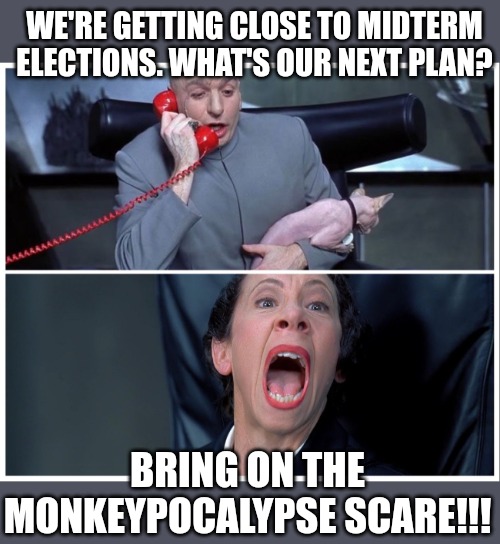 Midterm Election Monkeypocalypse Scare | WE'RE GETTING CLOSE TO MIDTERM ELECTIONS. WHAT'S OUR NEXT PLAN? BRING ON THE MONKEYPOCALYPSE SCARE!!! | image tagged in dr evil and frau yelling,monkey,cdc,midterms,election,pandemic | made w/ Imgflip meme maker
