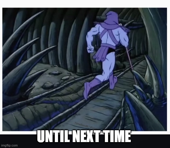 Skeletor running | UNTIL NEXT TIME | image tagged in skeletor running | made w/ Imgflip meme maker