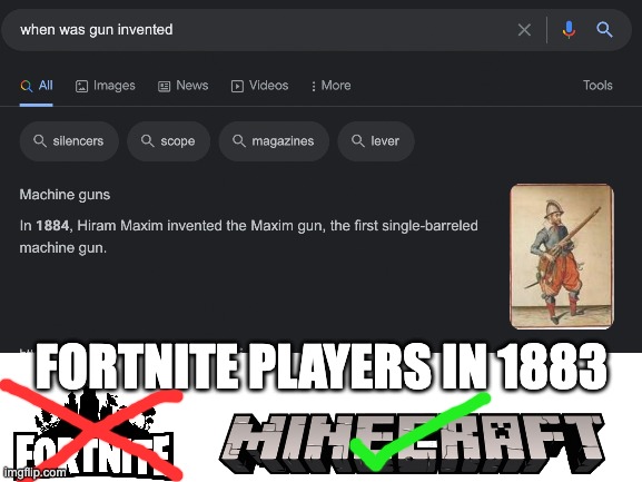 fortnite players in 1883 | FORTNITE PLAYERS IN 1883 | image tagged in fortnite,funny,minecraft | made w/ Imgflip meme maker