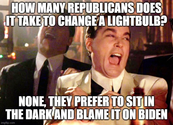 Good Fellas Hilarious | HOW MANY REPUBLICANS DOES IT TAKE TO CHANGE A LIGHTBULB? NONE, THEY PREFER TO SIT IN THE DARK AND BLAME IT ON BIDEN | image tagged in memes,good fellas hilarious | made w/ Imgflip meme maker