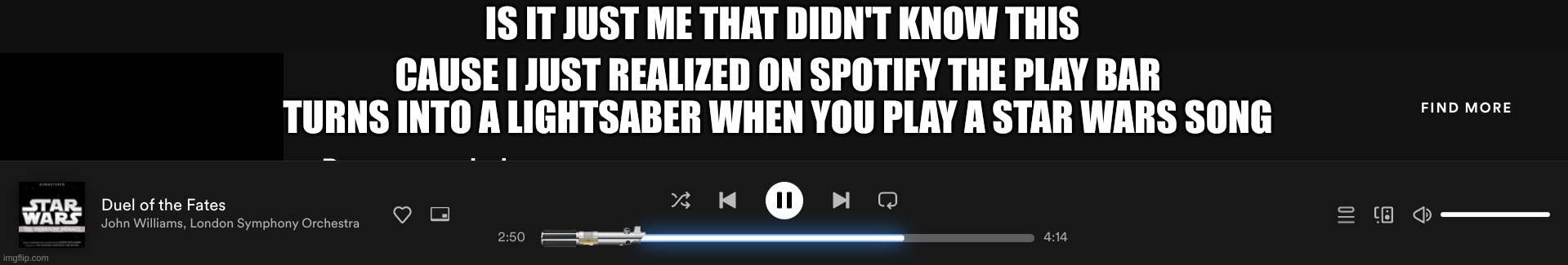 fun little easter egg | IS IT JUST ME THAT DIDN'T KNOW THIS; CAUSE I JUST REALIZED ON SPOTIFY THE PLAY BAR TURNS INTO A LIGHTSABER WHEN YOU PLAY A STAR WARS SONG | image tagged in easter egg,spotify,star wars | made w/ Imgflip meme maker