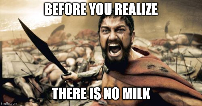 no more milk | BEFORE YOU REALIZE; THERE IS NO MILK | image tagged in memes,sparta leonidas,no more milk | made w/ Imgflip meme maker
