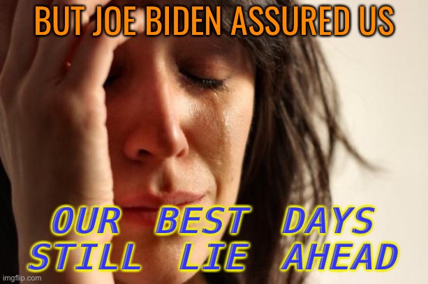 Our Best Days Still Lie Ahead | BUT JOE BIDEN ASSURED US; OUR BEST DAYS STILL LIE AHEAD | image tagged in memes,first world problems | made w/ Imgflip meme maker