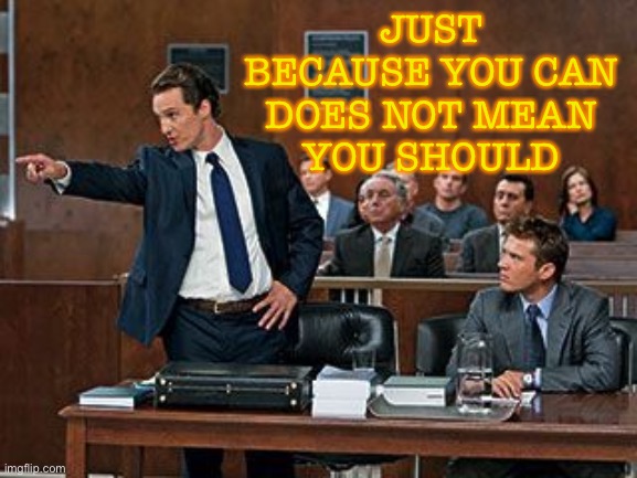 Just Because You Can Does Not Mean You Should: | JUST BECAUSE YOU CAN
DOES NOT MEAN
YOU SHOULD | image tagged in lawyer | made w/ Imgflip meme maker