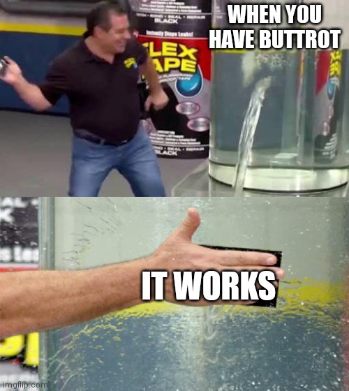 Flex Tape |  WHEN YOU HAVE BUTTROT; IT WORKS | image tagged in flex tape | made w/ Imgflip meme maker