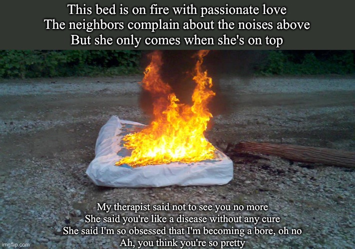 Laid | This bed is on fire with passionate love
The neighbors complain about the noises above
But she only comes when she's on top My therapist sai | image tagged in mattress fire,james | made w/ Imgflip meme maker