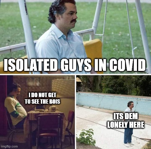 This is Already an Old Meme I Have | ISOLATED GUYS IN COVID; I DO NOT GET TO SEE THE BOIS; ITS DEM LONELY HERE | image tagged in memes,sad pablo escobar,coronavirus,forever alone,sad but true,pandemic | made w/ Imgflip meme maker