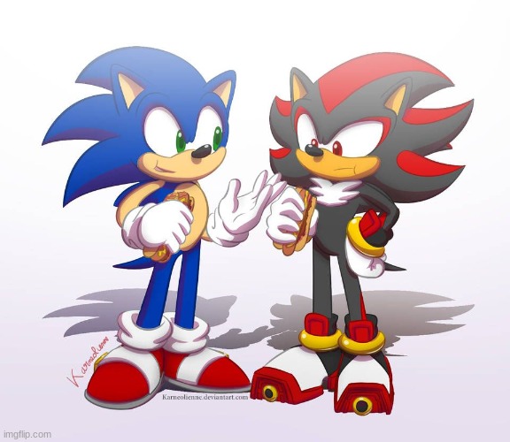 Sonic and Shadow eating Chili dogs (credit to Karneolienne on DeviantArt) | image tagged in sonic the hedgehog,shadow the hedgehog,chili dog,sonic art | made w/ Imgflip meme maker