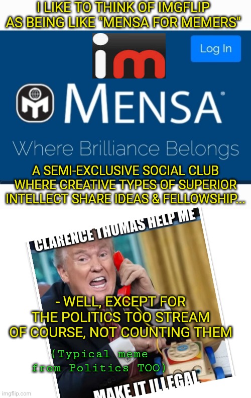 imgflip like MENSA,  but Libtards Dumb | I LIKE TO THINK OF IMGFLIP AS BEING LIKE "MENSA FOR MEMERS"; A SEMI-EXCLUSIVE SOCIAL CLUB WHERE CREATIVE TYPES OF SUPERIOR INTELLECT SHARE IDEAS & FELLOWSHIP... - WELL, EXCEPT FOR THE POLITICS TOO STREAM OF COURSE, NOT COUNTING THEM; (Typical meme from Politics TOO) | image tagged in blank white template | made w/ Imgflip meme maker