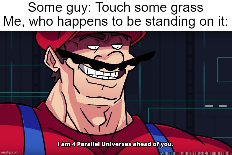Idk what to name this |  Some guy: Touch some grass
Me, who happens to be standing on it: | image tagged in mario i am four parallel universes ahead of you,memes,funny | made w/ Imgflip meme maker