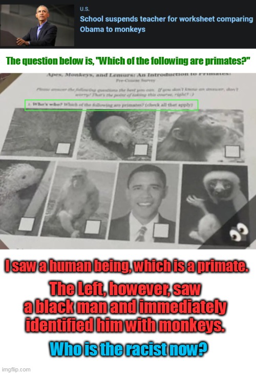 Sad part is? Most likely the teacher chose Obama because of his popularity as most kids would recognize him. |  The question below is, "Which of the following are primates?"; I saw a human being, which is a primate. The Left, however, saw a black man and immediately identified him with monkeys. Who is the racist now? | image tagged in liberals,left,racists,dumb,idiots,woke | made w/ Imgflip meme maker