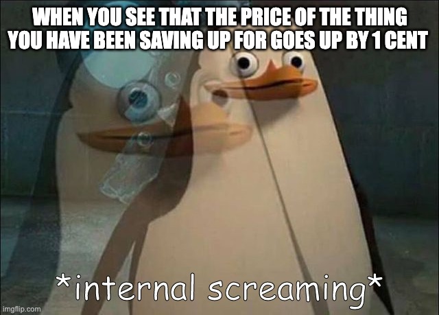 Private Internal Screaming | WHEN YOU SEE THAT THE PRICE OF THE THING YOU HAVE BEEN SAVING UP FOR GOES UP BY 1 CENT | image tagged in private internal screaming | made w/ Imgflip meme maker