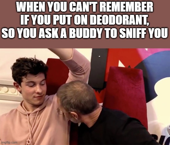 When You Can't Remember If You Put On Deodorant | WHEN YOU CAN'T REMEMBER IF YOU PUT ON DEODORANT, SO YOU ASK A BUDDY TO SNIFF YOU | image tagged in deodorant,shawn mendes,smell,funny,memes,armpit | made w/ Imgflip meme maker