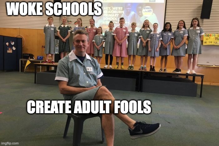 Woke Schools Create Adult Fools |  WOKE SCHOOLS; CREATE ADULT FOOLS | image tagged in meanwhile in australia,woke,tired of hearing about transgenders,politics,stupid liberals | made w/ Imgflip meme maker